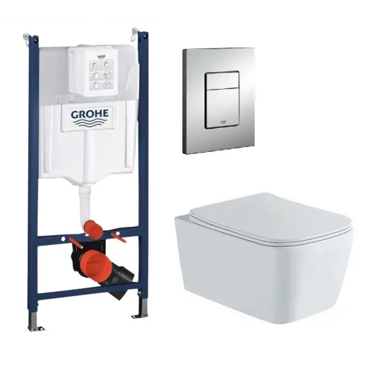 Инсталляция Grohe с кнопкой квадрат + Унитаз подвесной Aquatek Либра c сиденьем микролифт